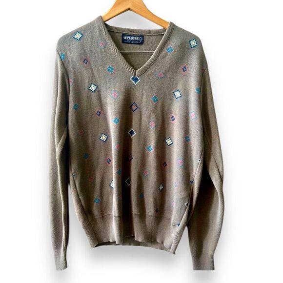 Puritan V-neck Sweater Sz Large Brown Multi-colored Diamond Print Grandpa - Picture 1 of 7
